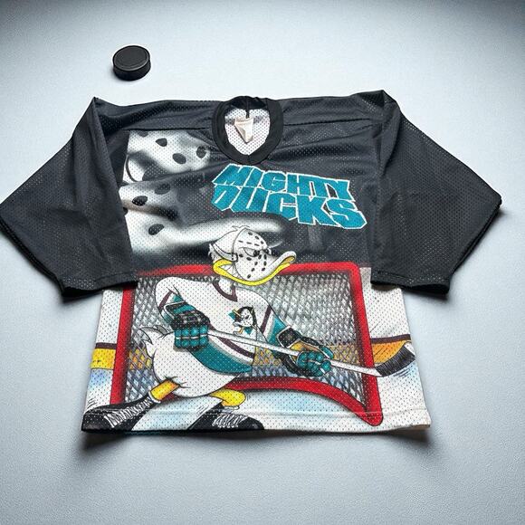 Vintage Mighty Ducks Jersey CCM Mask Hockey Cartoon Goalie 90s YOUTH Large / XL - Picture 1 of 14